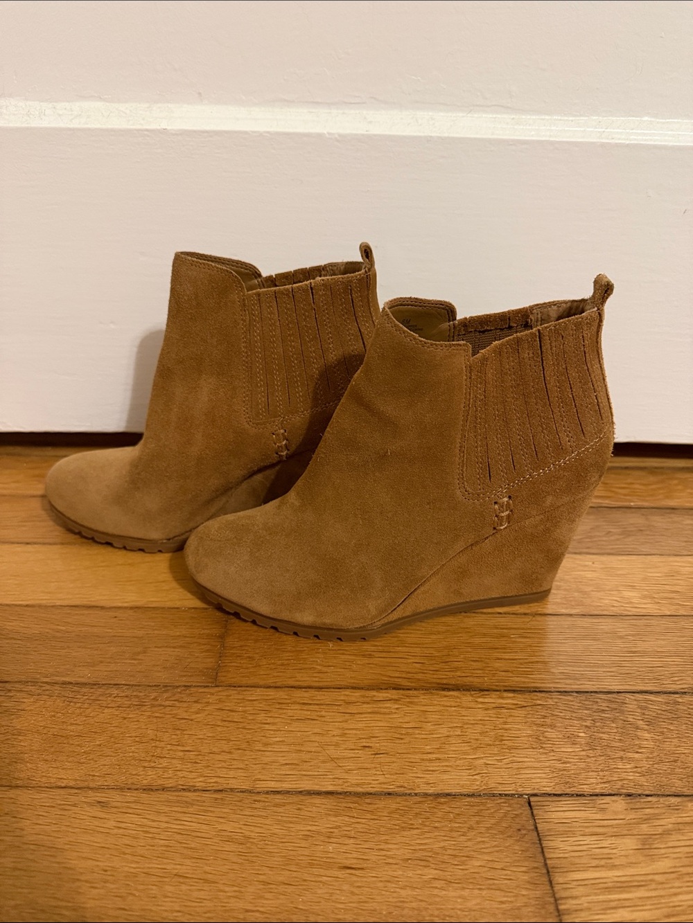 Women's Tan Suede Wedge Booties - Slip-On Chelsea Style